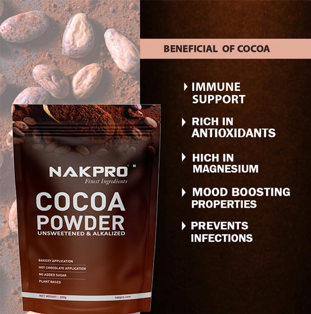 NAKPRO NAKPRO 100% Pure & Natural Unsweetened Plant Based Cocoa Powder, 200g | 22.5g Protein | Ideal for Cake, Baking, Hot Chocolate, Milkshakes & More