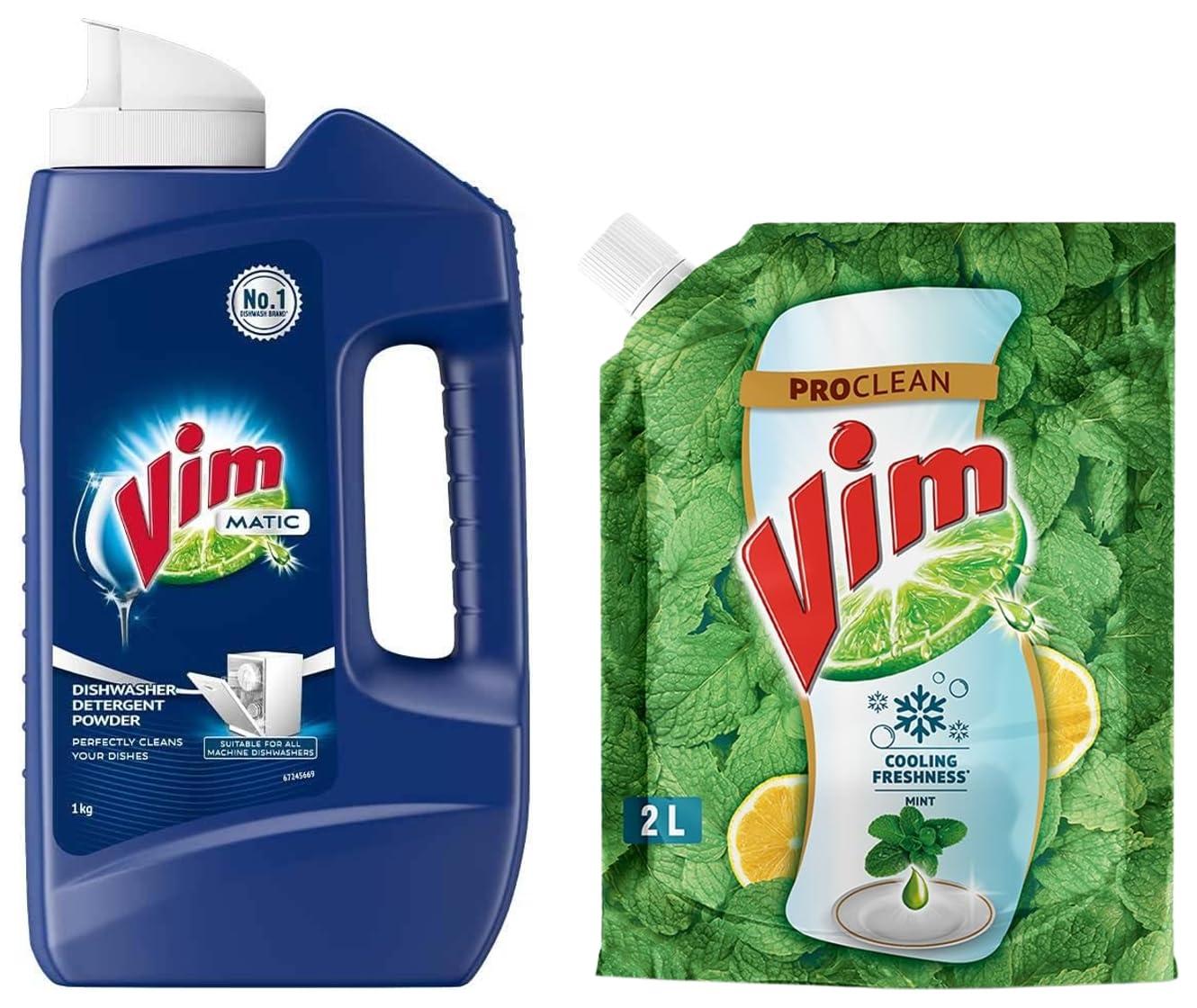VIM Vim Dishwash Anti Smell Liquid, Pudina, 2 Ltr&Vim Matic Dishwash Detergent Powder, 1 kg Suitable For All Dishwashers With Powerful Enzymes To Cut Through Grease And Tough Stains