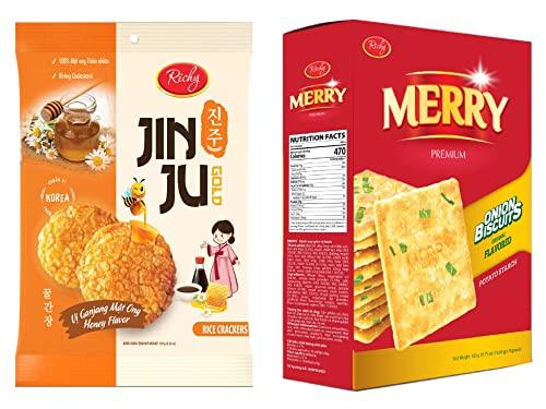 Richy Richy JIN JU Gold Rice Crackers Honey Flavor,18pc Pack | Korean Style Rice Crackers | + Richy Onion Crackers 333g