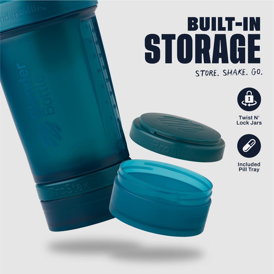 Blender Bottle BlenderBottle Shaker Bottle with Pill Organizer and Storage for Protein Powder, ProStak System, 22-Ounce, Ocean Blue