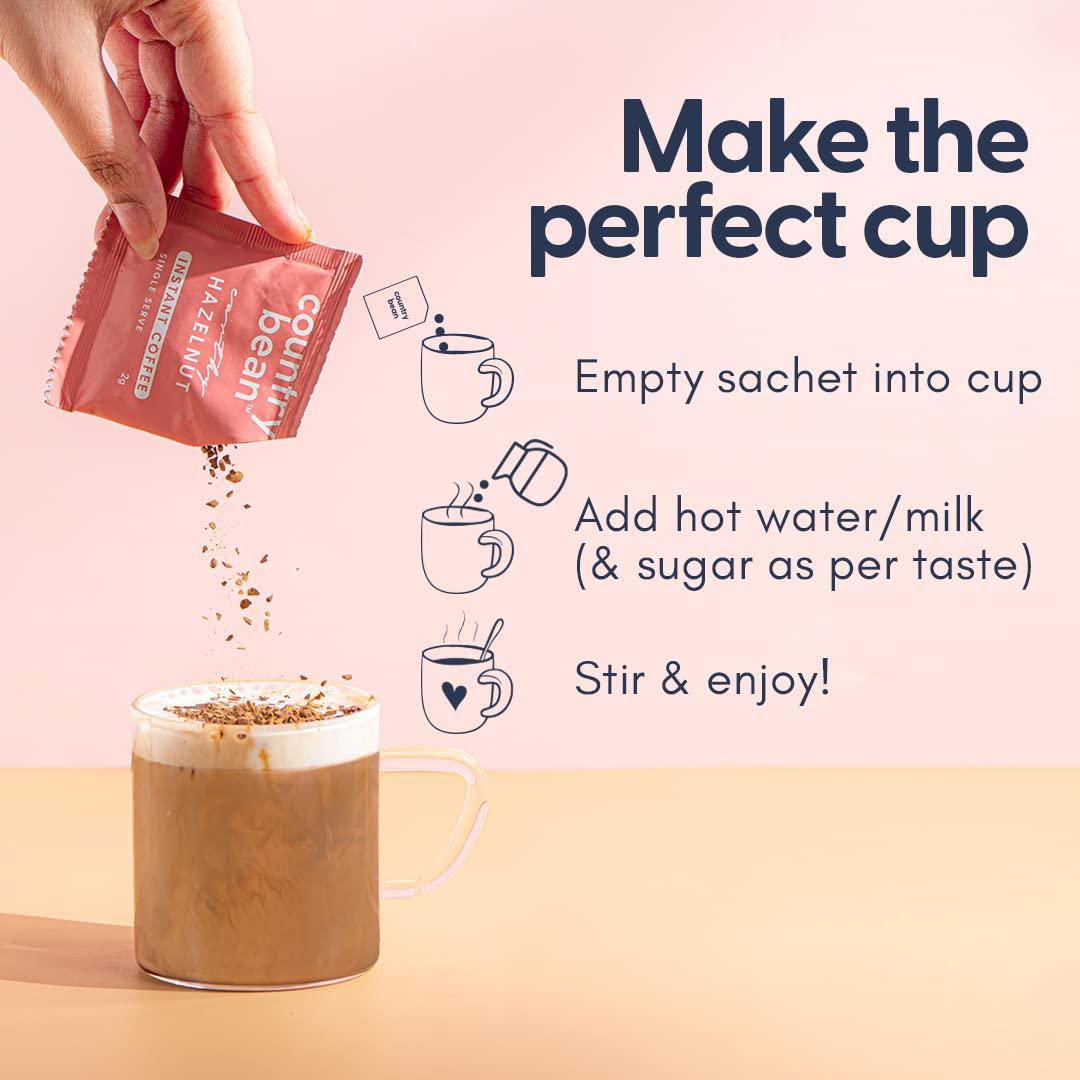 Country Bean Country Bean Assorted Flavour Box (2g x 30 sachets) | 100% Arabica Coffee, Freeze-dried, 6 Sachet Flavours - Hazelnut, Caramel, Vanilla, Original, Blueberry Muffin, Strawberry Cheesecake