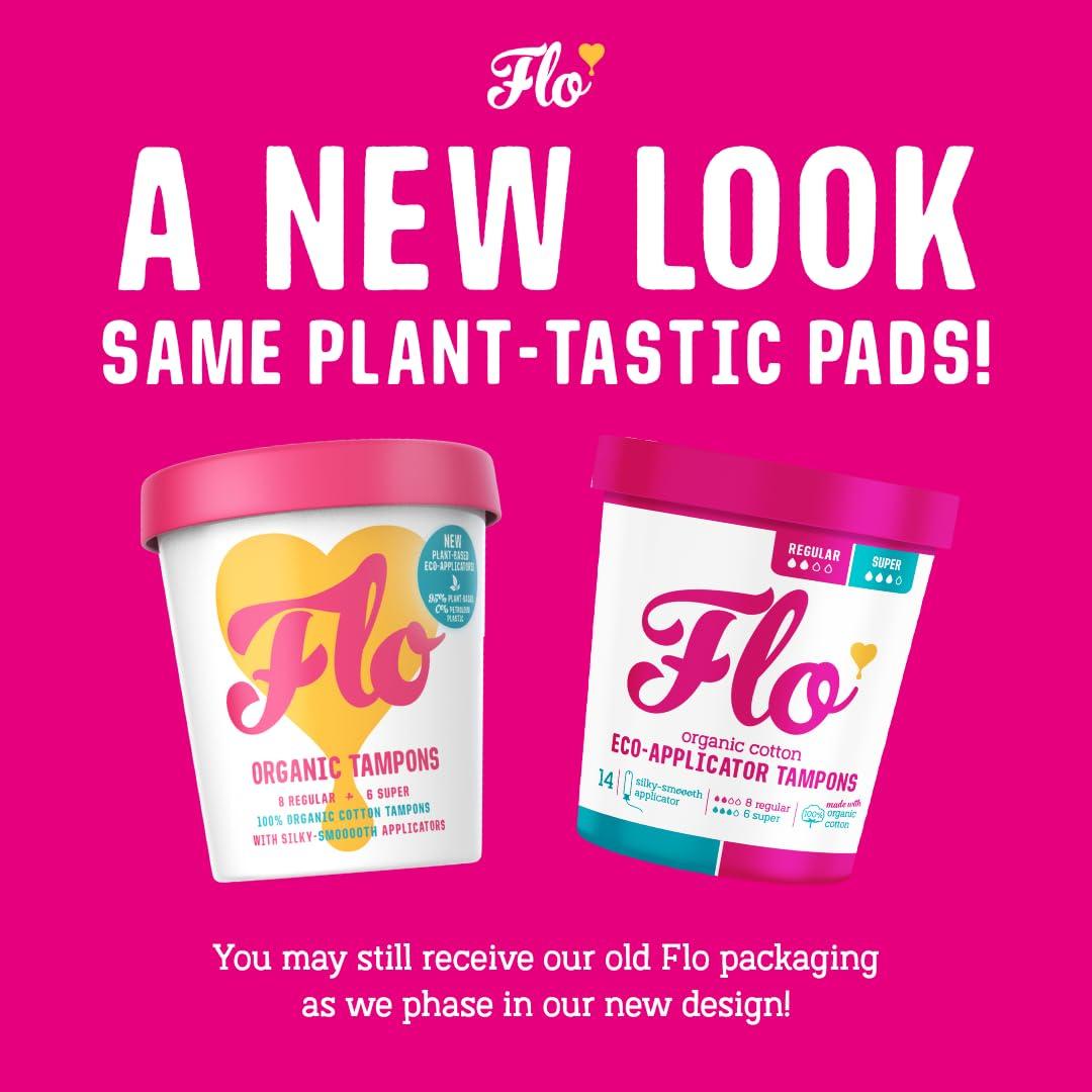 FLO FLO - Organic Applicator Tampons with Width-Wise Expansion, Natural Comfort Cotton, Plant-Based, Biodegradable & Plastic Free, Superior Leak-Busting Protection, Regular & Super Combo Pack, 14 Count