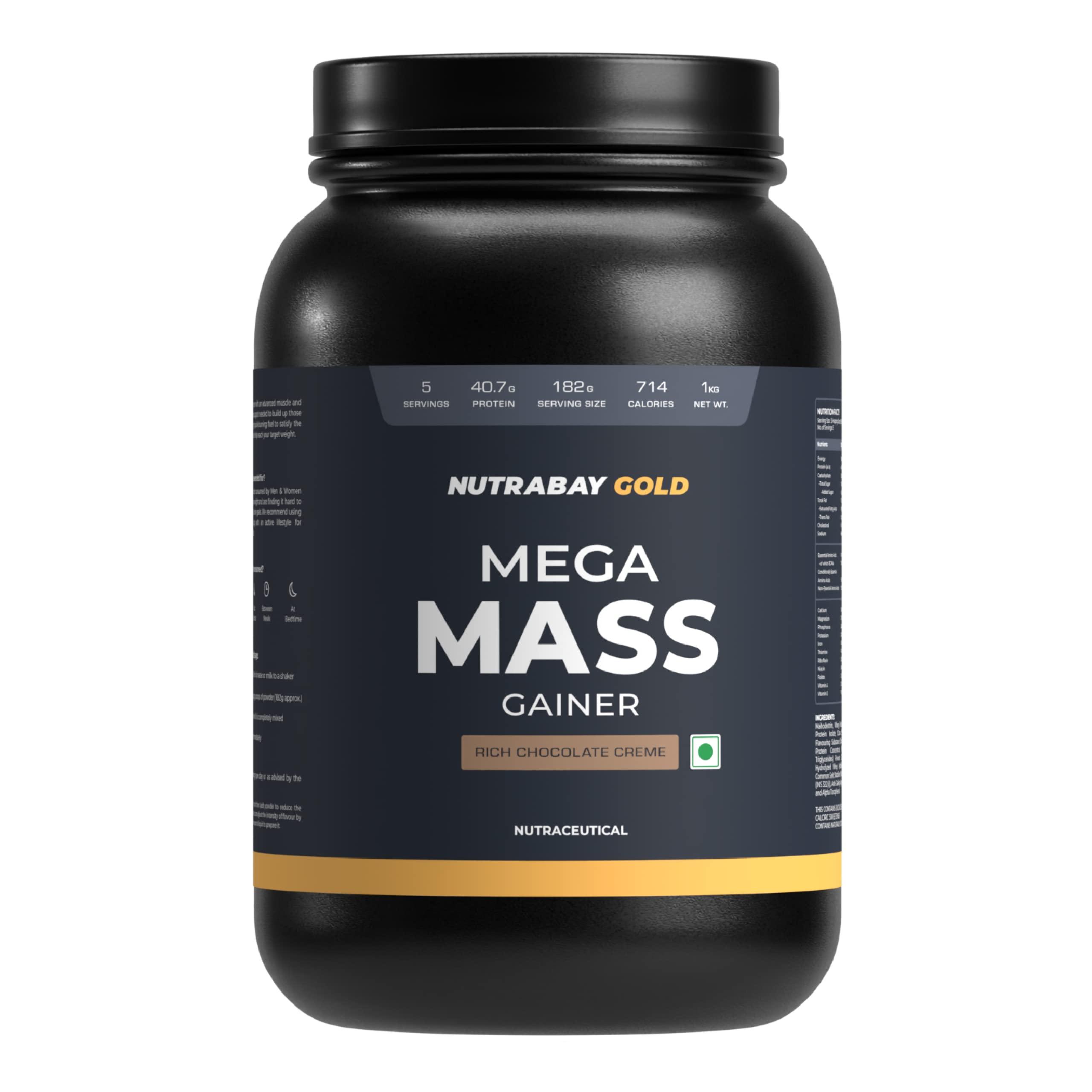 Nutrabay Nutrabay Gold Mega Mass Gainer Powder - 1kg, Rich Chocolate Creme | 100% Veg | 40.7g Protein, 122g Carbs, 714 Calories | Muscle Building & Weight Gainer Supplement for Men & Women