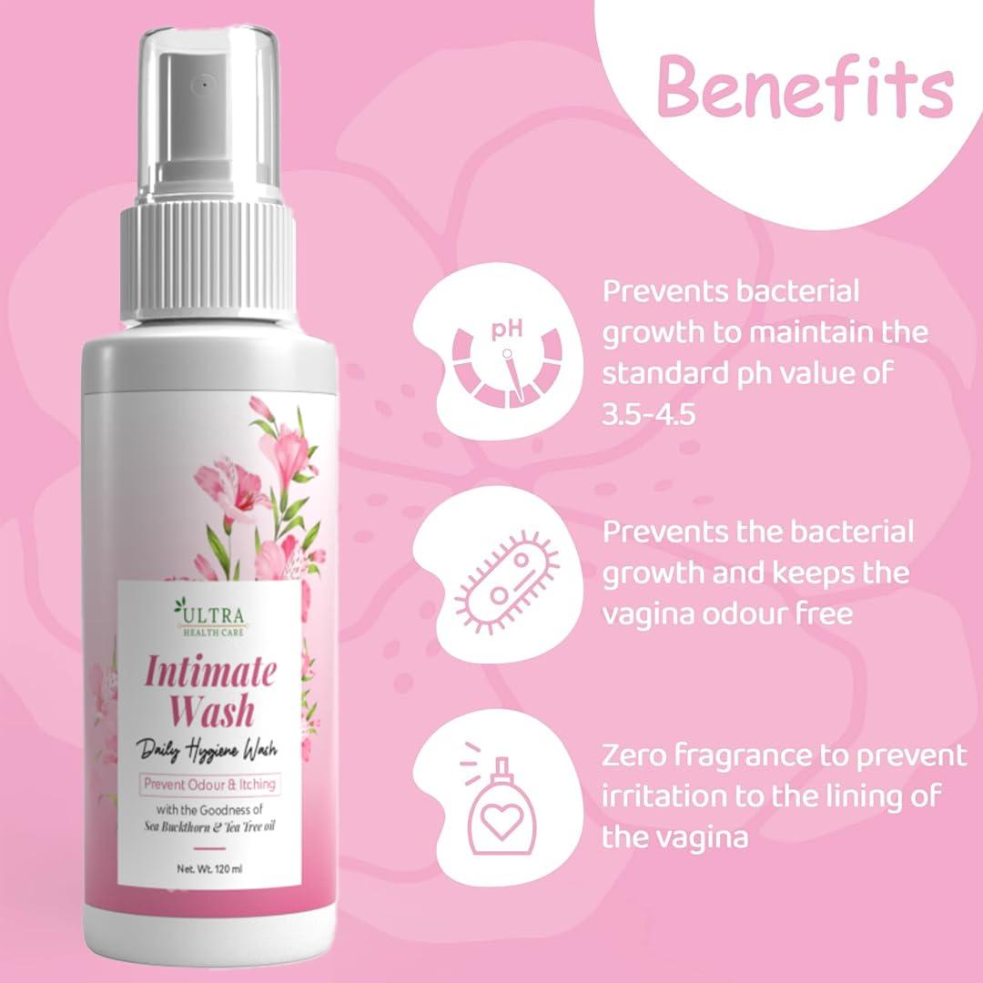 Ultra Health care Intimate wash for women |clean ,dry And hygeine wash | Helps to maintain Ph Balance |Prevents Odour & Infections, Safe During Pregnancy-120ML