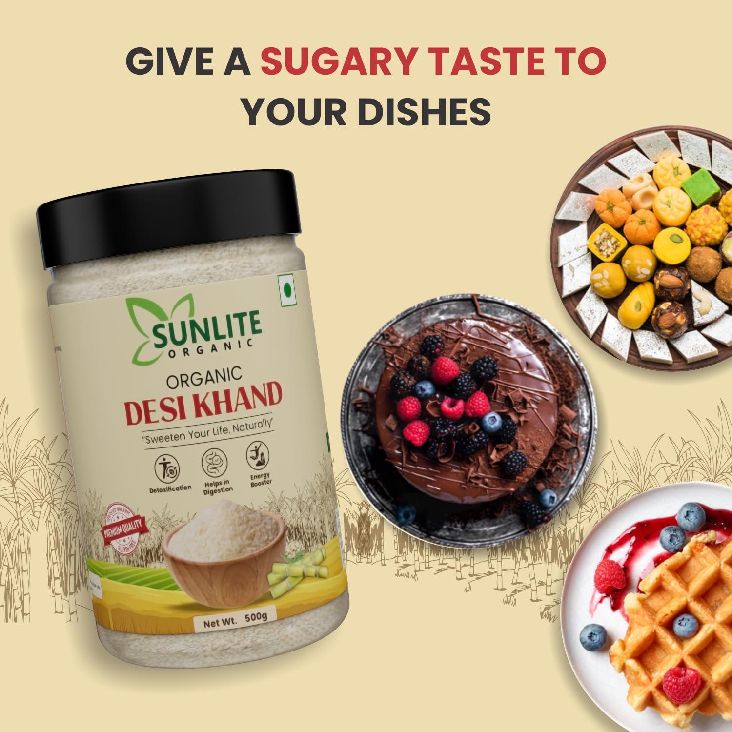 SUNLITE ORGANIC SUNLITE ORGANIC Desi Khand Sugar, 500g, with Natural Molasses Retained, Chemical & Pesticides Free, Organic Sugarcane Khandsari Sugar, Sulphur-Free Khaand, Unrefined & Unprocessed Raw Sugar