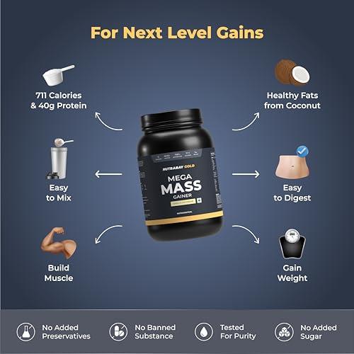 Nutrabay Nutrabay Gold Mega Mass Gainer Powder - 1kg, Vanilla Ice Cream | 100% Veg | 40.8g Protein, 123g Carbs, 711 Calories | Muscle Building & Weight Gainer Supplement for Men & Women