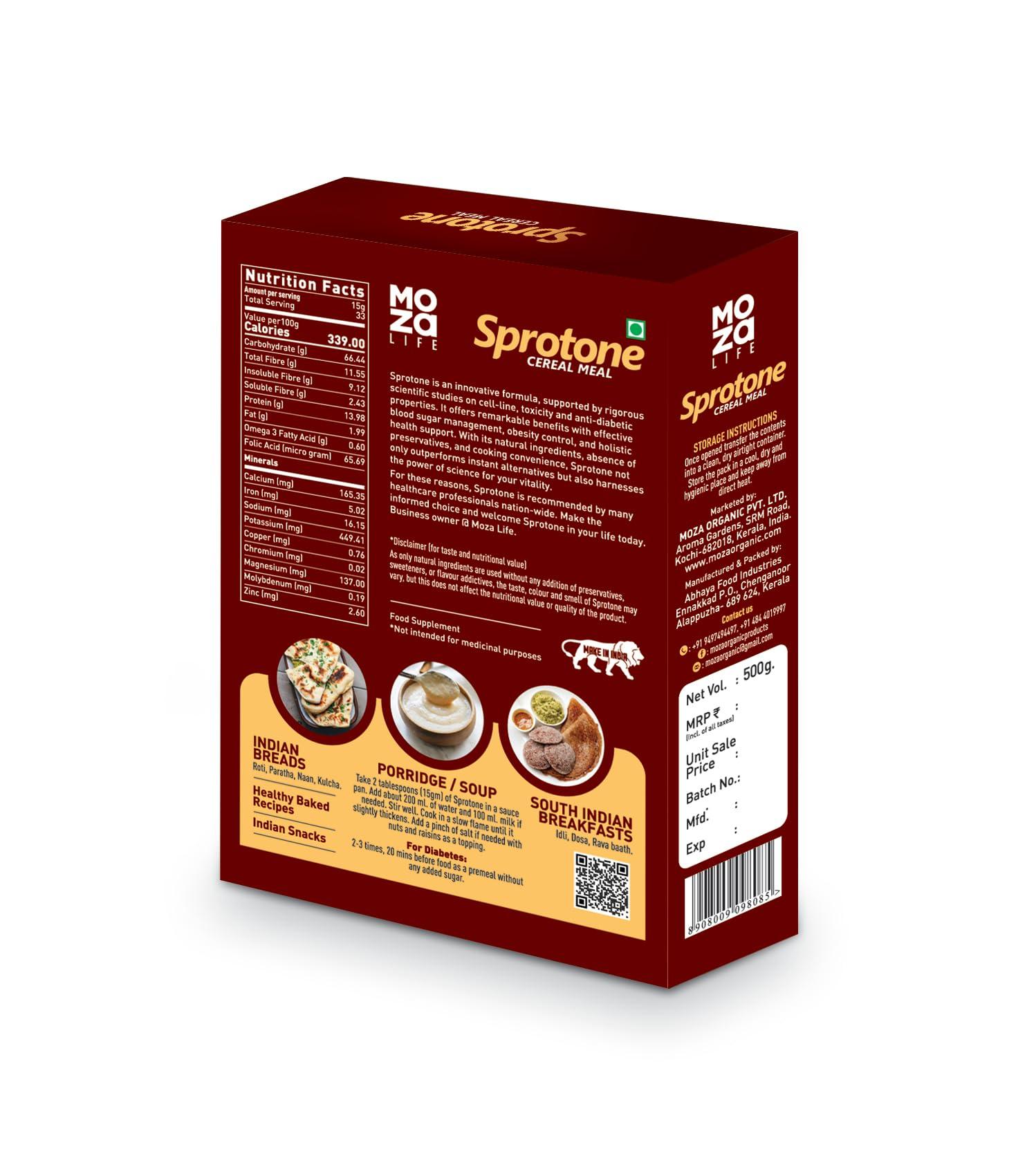 Moza Organic Moza Life Sprotone - Nutrient-Rich Cereal Meal with Sprouted Cereals, Pulses, and Multigrain Flour - Wheat, Ragi, Horse Gram, Green Gram - Healthy Vegetarian Breakfast (500 gm, Pack of 2)