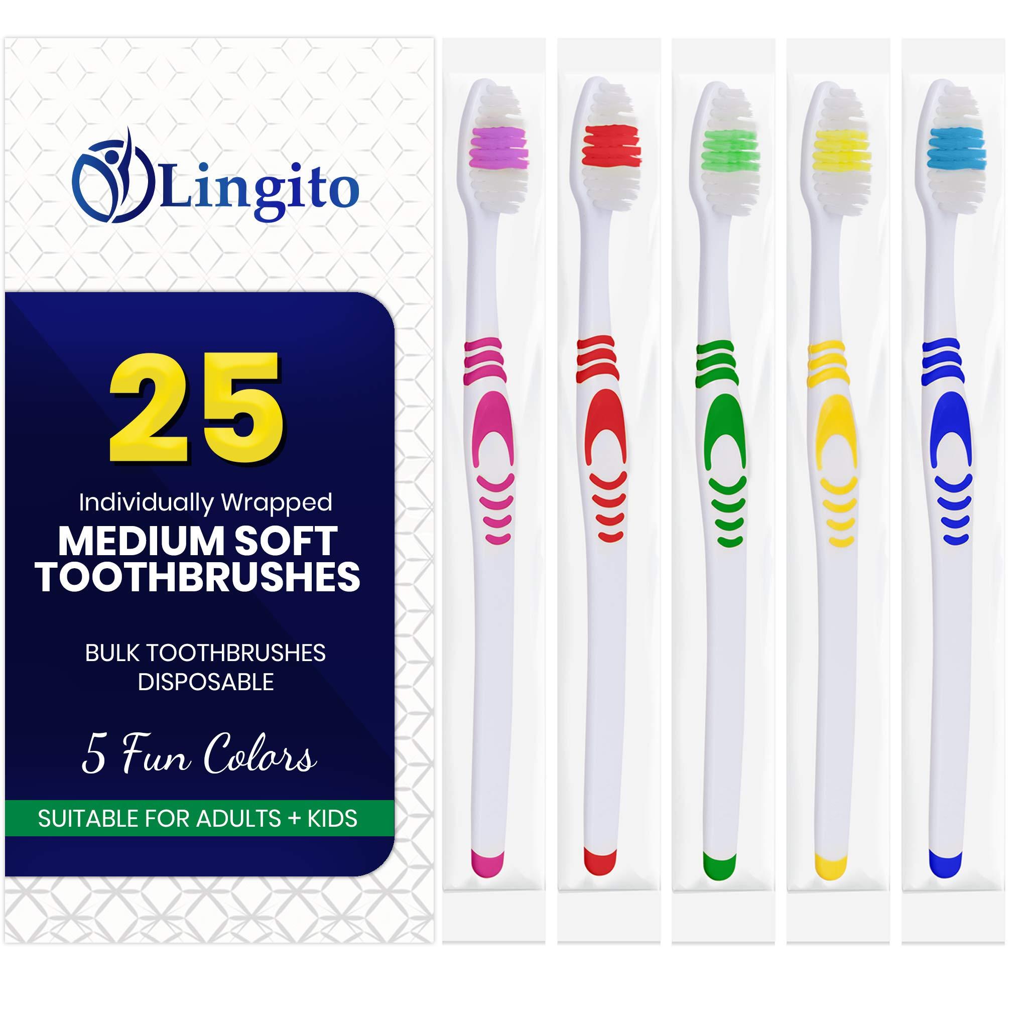 Lingito 25 Bulk Toothbrushes | Individually Wrapped | Manual Disposable Travel Toothbrush Set for Adults or Kids | Made with a Medium-Soft Large Head | Multi-Color | Travel Toiletry Oral Set