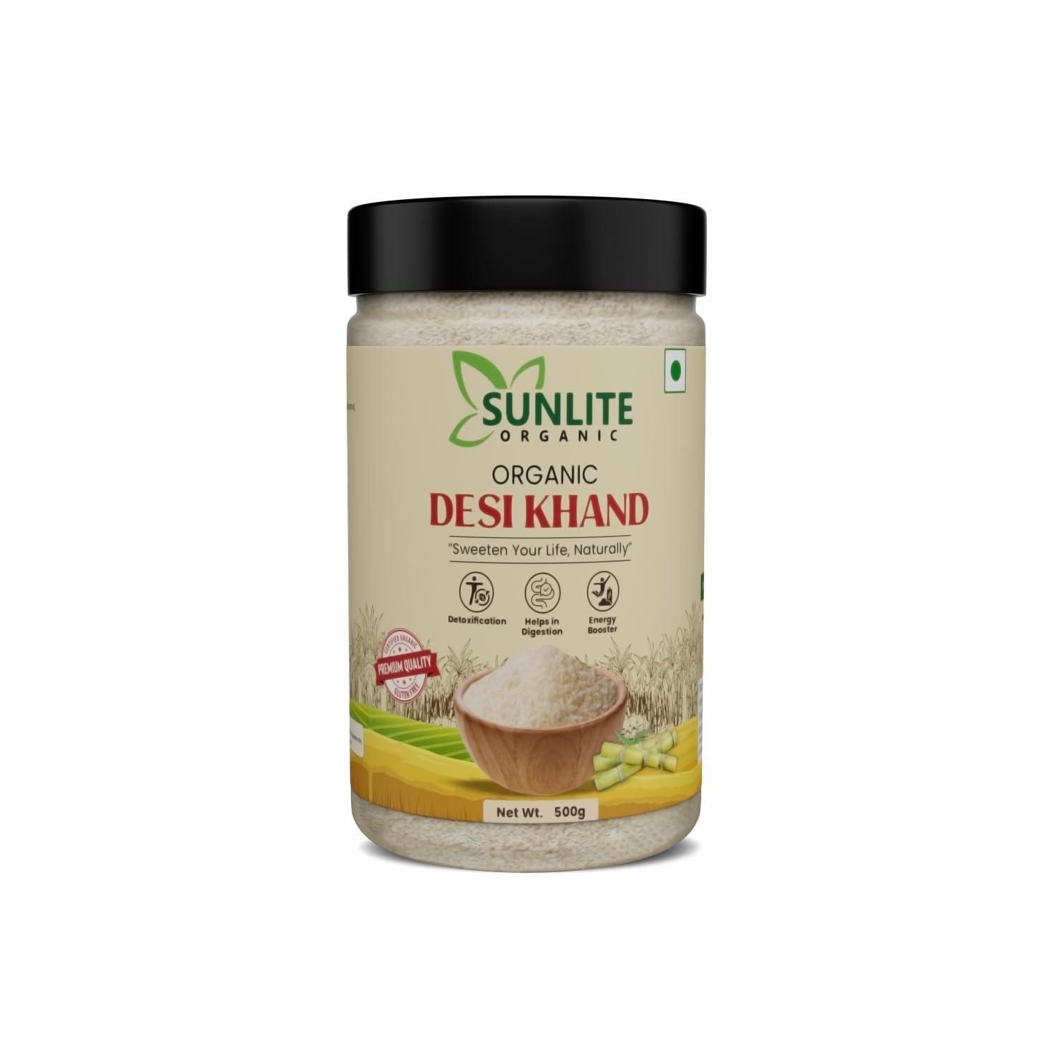 SUNLITE ORGANIC SUNLITE ORGANIC Desi Khand Sugar, 500g, with Natural Molasses Retained, Chemical & Pesticides Free, Organic Sugarcane Khandsari Sugar, Sulphur-Free Khaand, Unrefined & Unprocessed Raw Sugar