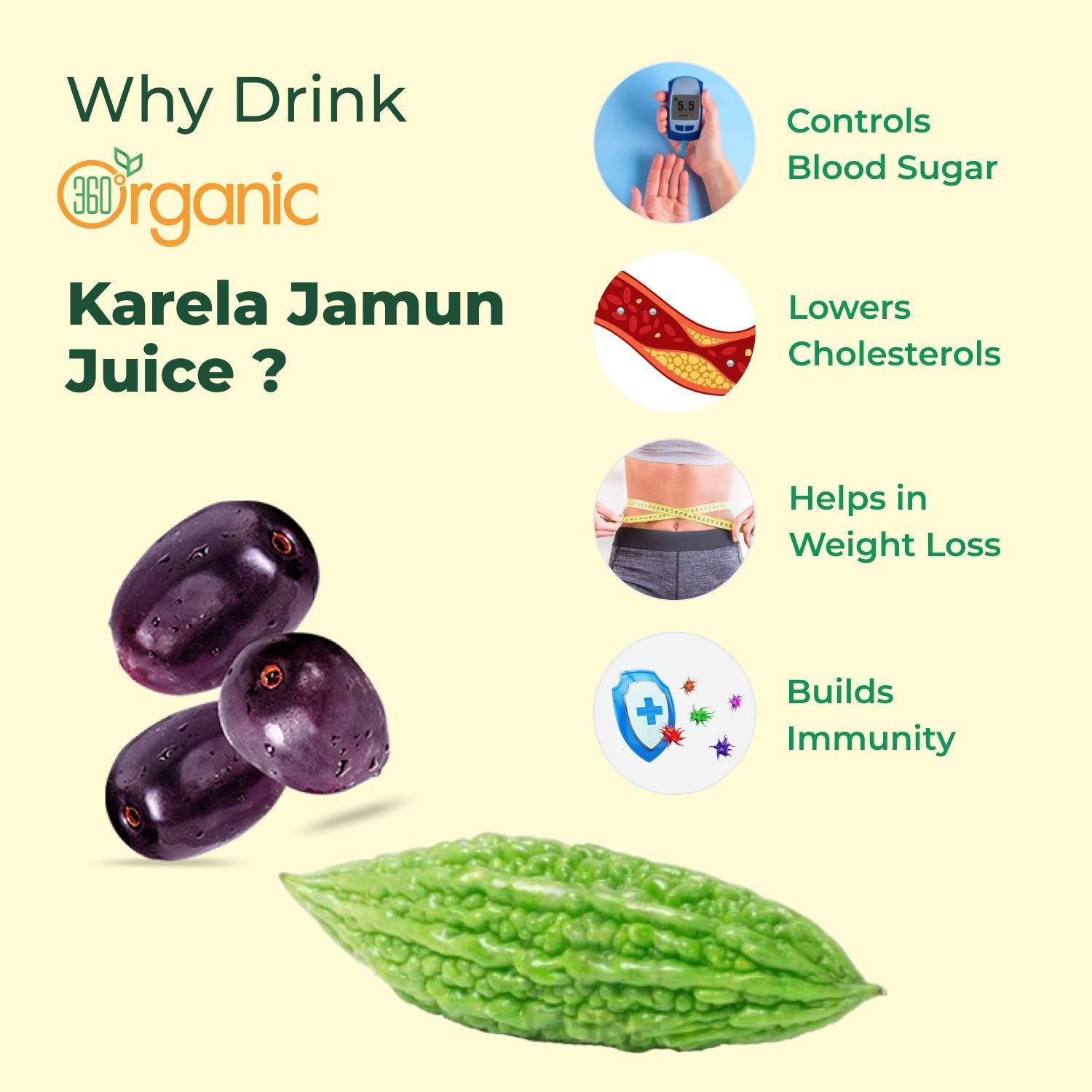360 Degree Organic 360 Degree Organic Karela Jamun Juice for Controls Blood Sugar Levels | Fights Cholesterol | Helps Improves Digestion | Helps Build Immunity | Skin Wellness - No Added Sugar - 500 ml (Pack 1)