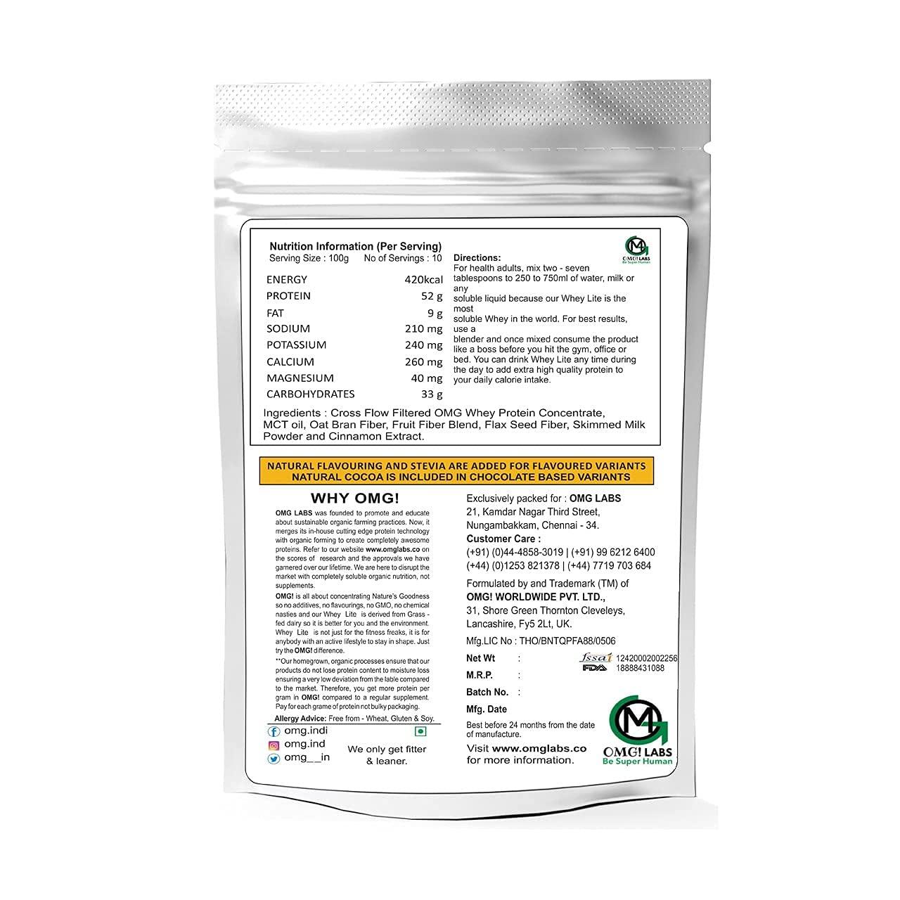 OMG LABS OMG LABS 100% Organic Grass-fed WHEY LITE - 60% Protein (Unsweetened Whey Protein Concentrate, Per serving size of 33gm, contains 20gm protein, 5gm BCAA, 3gm Glutamic Acid) 200 gm Pineapple