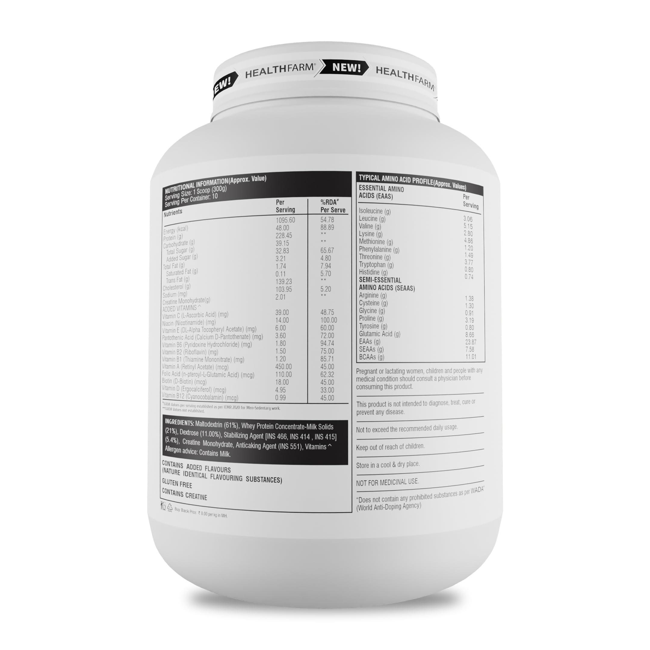 HEALTHFARM Healthfarm Muscle Gainer with High Protein and Carbs | Helps Gain Muscle Mass & Body Weight (Vanilla, 3kg-6.6 lbs)