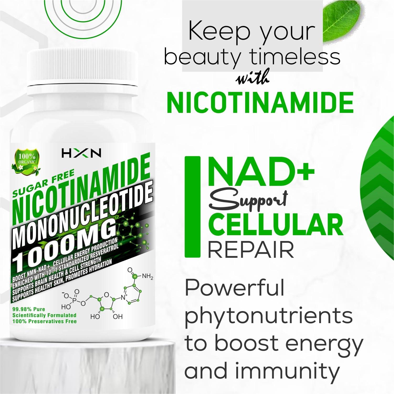 HXN HXN Nicotinamide Mononucleotide NMN Supplements 1000mg With Trans Resveratrol, Ultra High Strength 99.98% Pure NAD Plus Supplement-60 Sugar Free Tablet (Pack 1) (midium, 60)