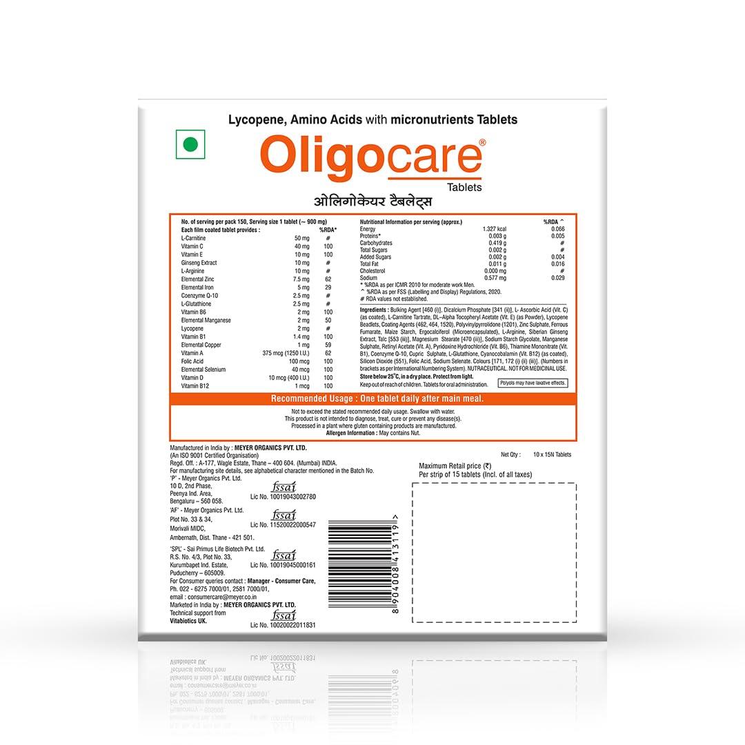 Oligocare Oligocare Tablets With Lycopene, Amino Acids For Men To Improve Reproductive Health, Spermatogenesis | 15 Tablets (Pack of 2)