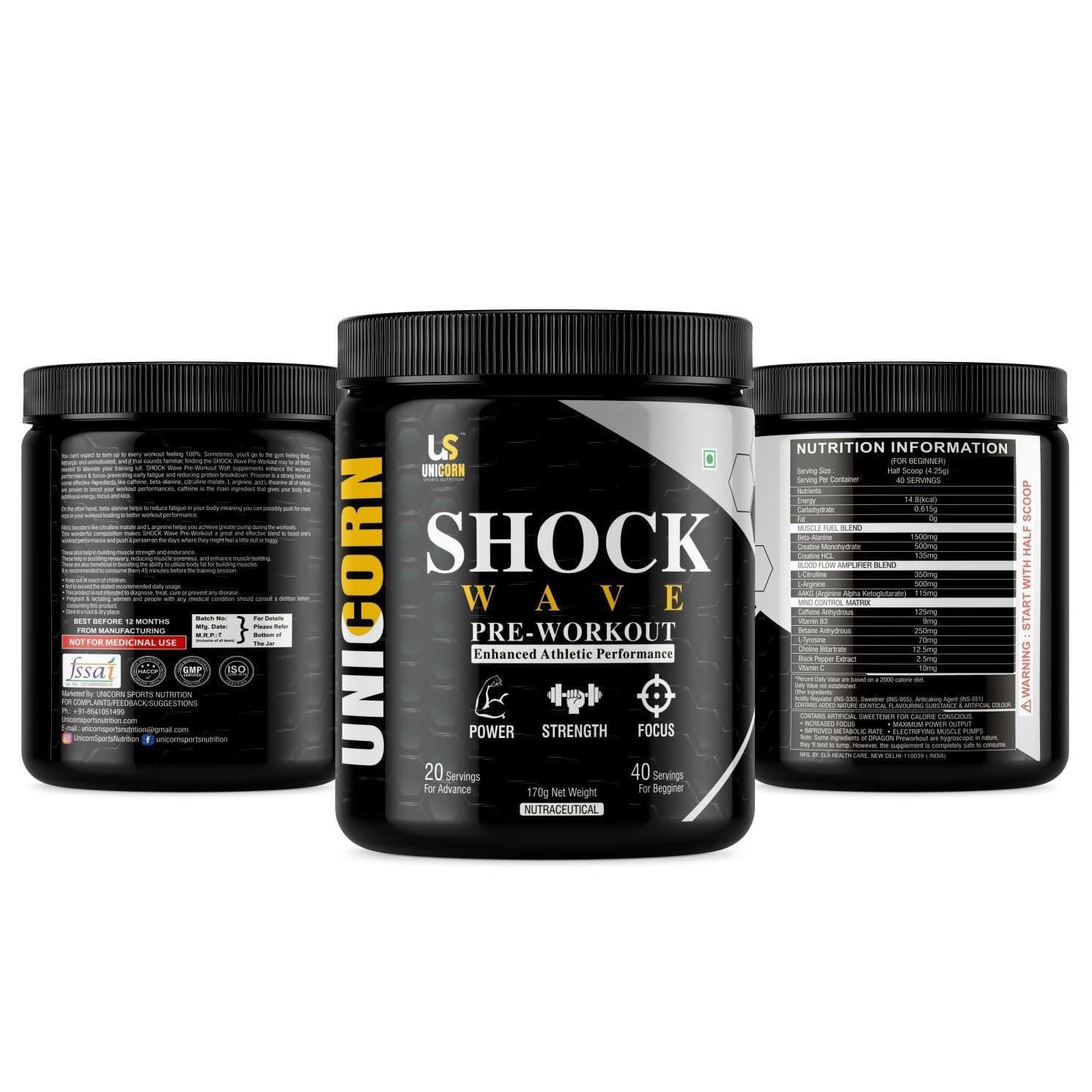 UNICORN SPORTS NUTRITION UNICORN SPORTS NUTRITION SHOCK WAVE Core Pre-Workout Supplement Powder with Creatine Monohydrate, Arginine AAKG, Beta-Alanine, Caffeinated -For Men & Women [Cola, 40 Servings, 170gm]