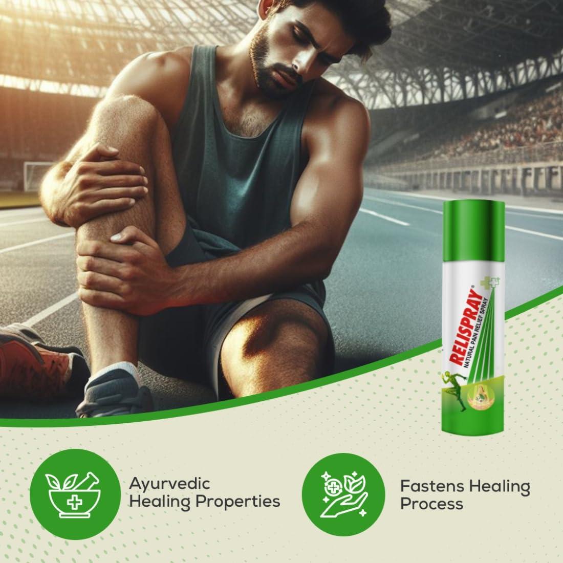 Relispray RELISPRAY Instant Pain Relief | Purely Ayurvedic Spray | Unique Pain relieving Technology for - Elbow pain, Backache, Knee pain, Muscle pain, Tired feet, Ankle sprain | Keeps pain away longer | Over 475 Spray | 95g pack of 3