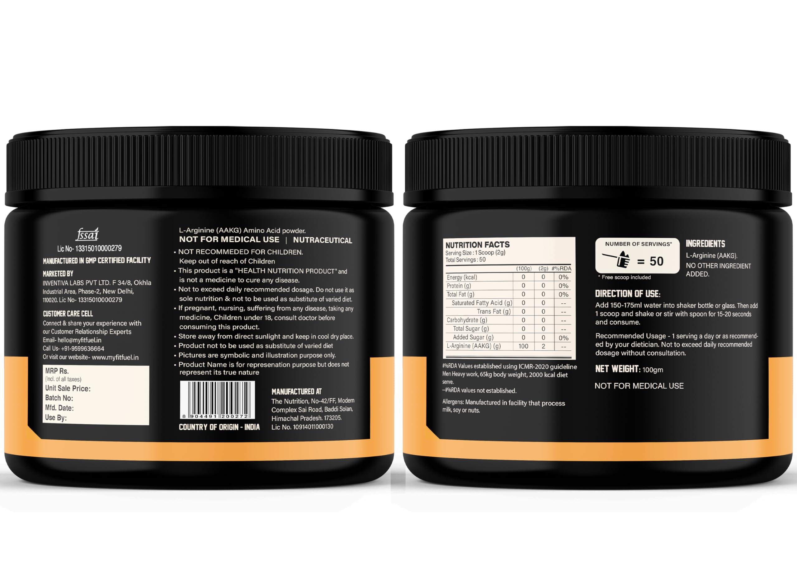 MyFitFuel MyFitFuel L Arginine Alpha-Ketoglutarate (AAKG) Pre Workout Powder | 100gm (Unflavoured)