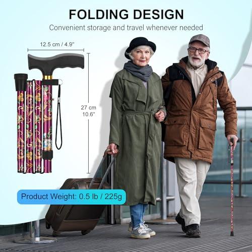 supregear supregear Folding Cane, Lightweight 5-Level Height Adjustable Walking Stick with Wrist Strap and T Handle Travel Cane for Elderly Disabled Men Women Balancing Mobility Aid Portable Cane, Floral Purple