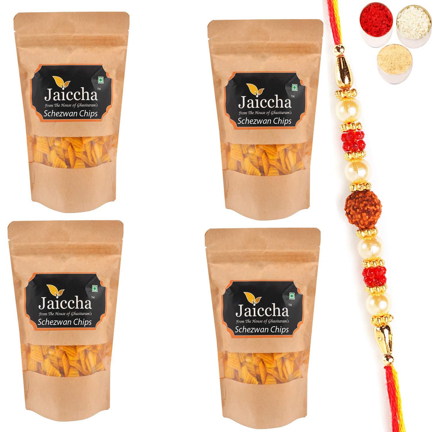 Jaiccha Jaiccha Ghasitaram Rakhi Gift for Brother - Pack of 4 Schezwan Chips 100 GMS in Green Paper Pouch with Rudraksh Rakhi