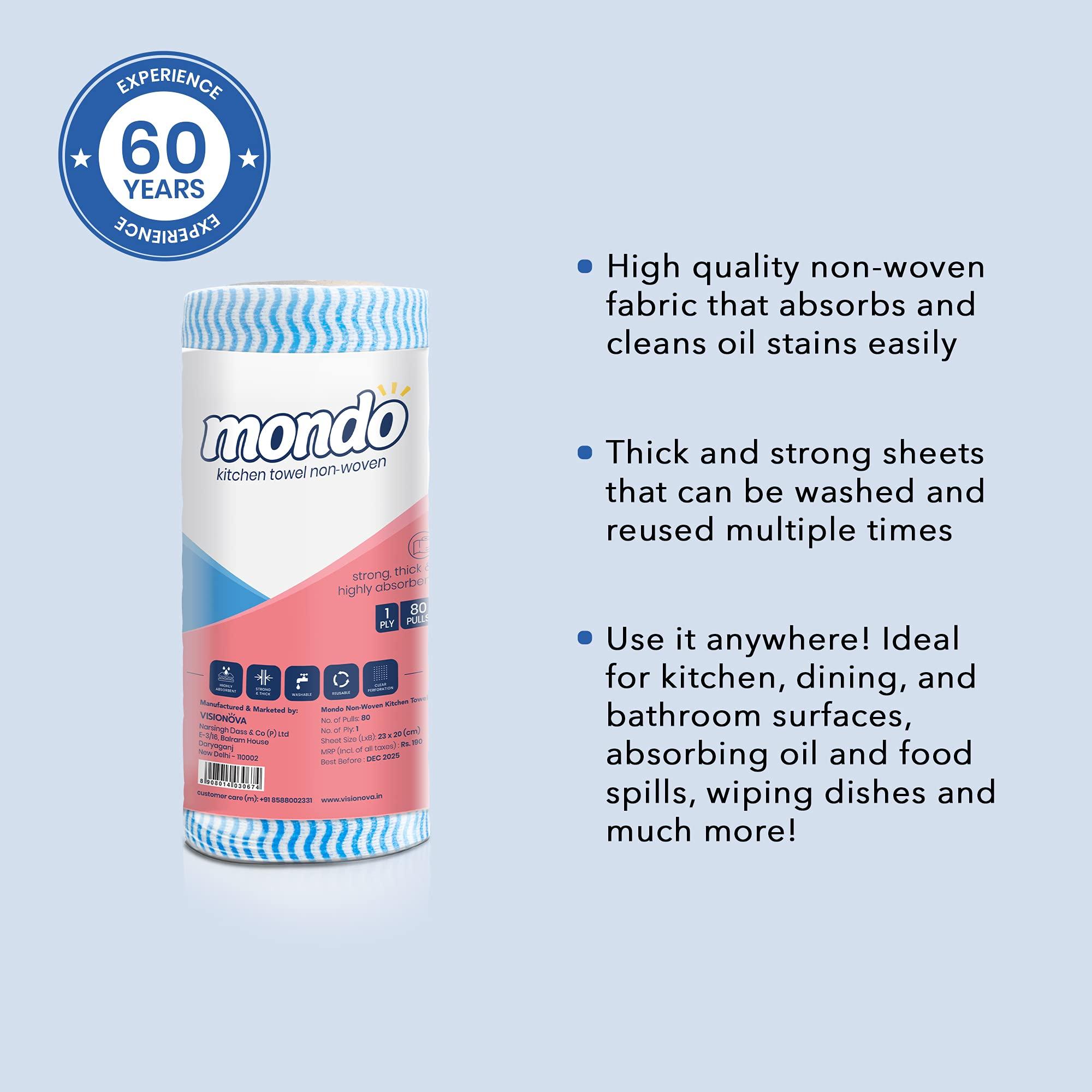 MONDO Mondo Kitchen Wipes for Cleaning (1 Ply, 80 Pulls) | Pack of 2 Kitchen Rolls | Washable & Reusable Tissue Roll for Kitchen | Soaks Oil Spills Quickly | Kitchen Cleaning Wipes | Kitchen Roll Reusable