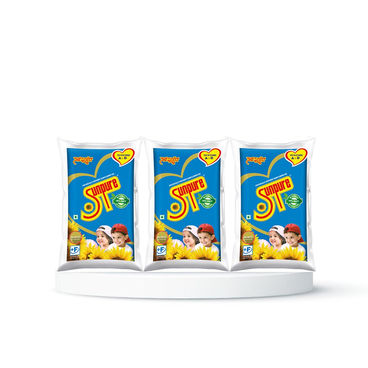 Sunpure Sunpure Physically Refined Sunflower Oil 1L Pouch - Pack of 3 | Rich in Oryzanol | Helps in controlling cholesterol | Chemical Free | Preservatives Free | Cooking Oil | Edible Oil