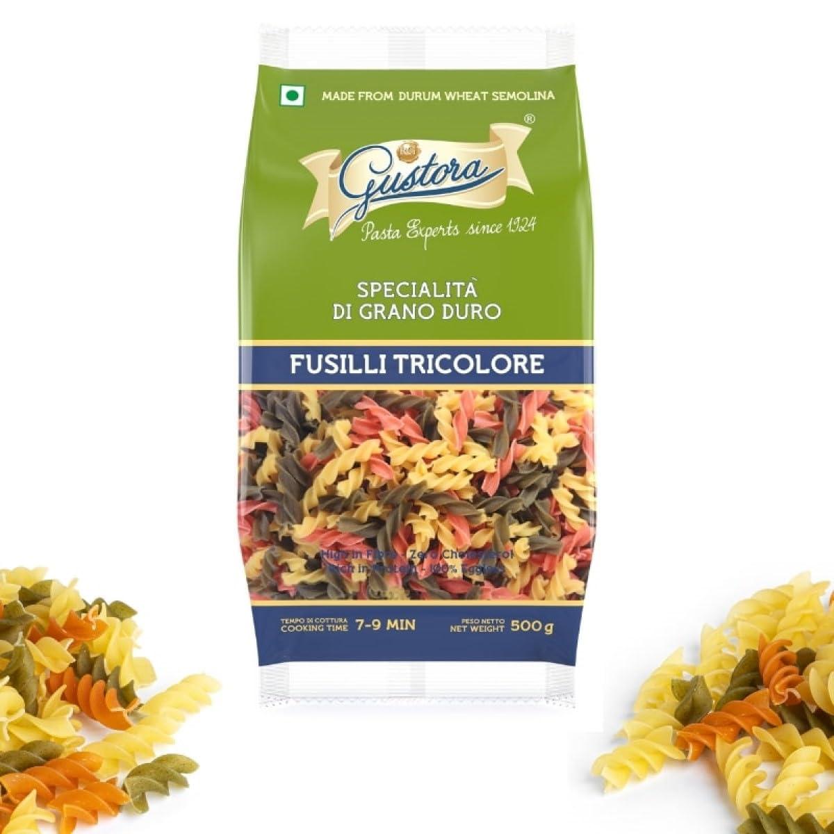 Gustora GUSTORA Healthy Trio Fusilli Pasta 500g I Made of Durum Wheat Semolina I No Maida I Vegetarian I Rich in Protein & Fibre I Zero Cholesterol I Cooking Time 10 Min (500G)