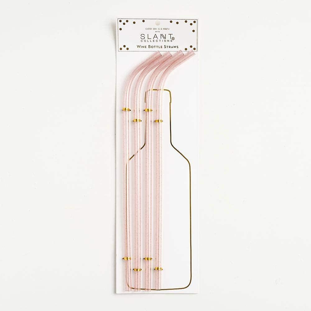 Slant Slant Collections Tall Wine Bottle Straws BPA-Free Acrylic Washable Reusable Straws, 4-Count (15-Inches Tall), Light Pink Glitter & Gold