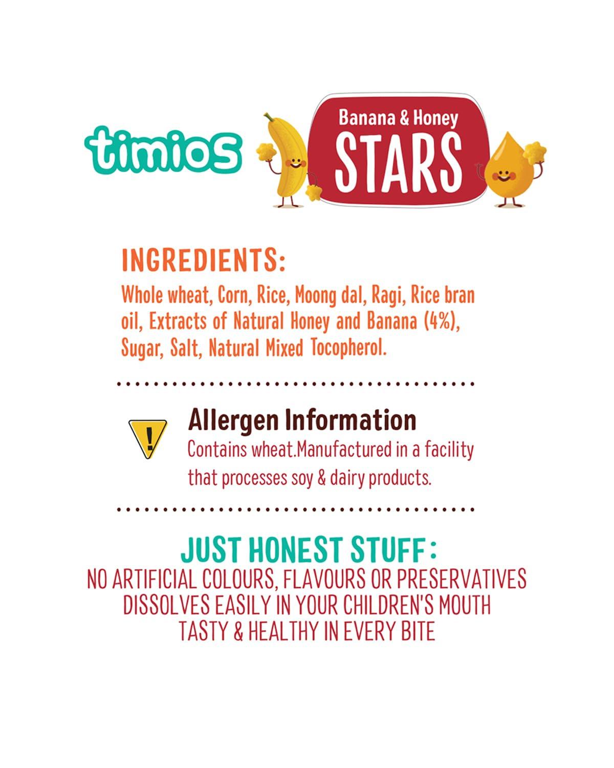 Timios Timios Banana and Honey Stars | Healthy Snacks for Kids | Natural Energy Food Product for Toddlers | Party Snack for School Children 2+ Years | Pack of 12