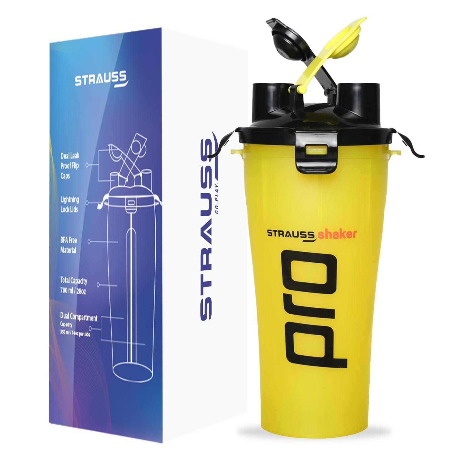 STRAUSS STRAUSS Dual Shaker Pro | Pre & Post Protein Shake On the Go | Leakproof and BPA-Free Material | Dual Shaker Bottle | Protein Shaker Bottle for Gym | Suitable for Both Men and Women, 700ml,(Yellow)