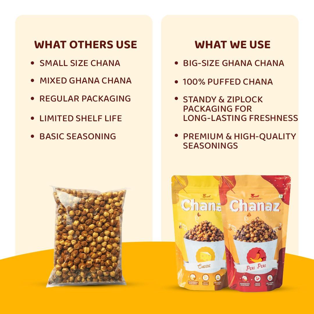 DHANANJAY DHANANJAY Roasted Flavoured Mahabaleshwar Chana (Chickpeas) | Gluten Free | Rich In Protein | 100% Roasted And Puffed | Pack Of 2 (Cheese 180 G & Peri Peri 180 G)