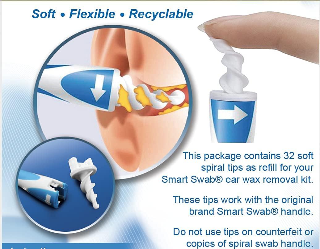 Smart Swab SMART SWAB 32 Spiral Ear Wax Removal Replacement Tips Only (No Handle). 32 Replaceable Soft Silicon Tips. Spiral Swab Tips. Safe Ear Cleaning Tips Replaceable Tips Only