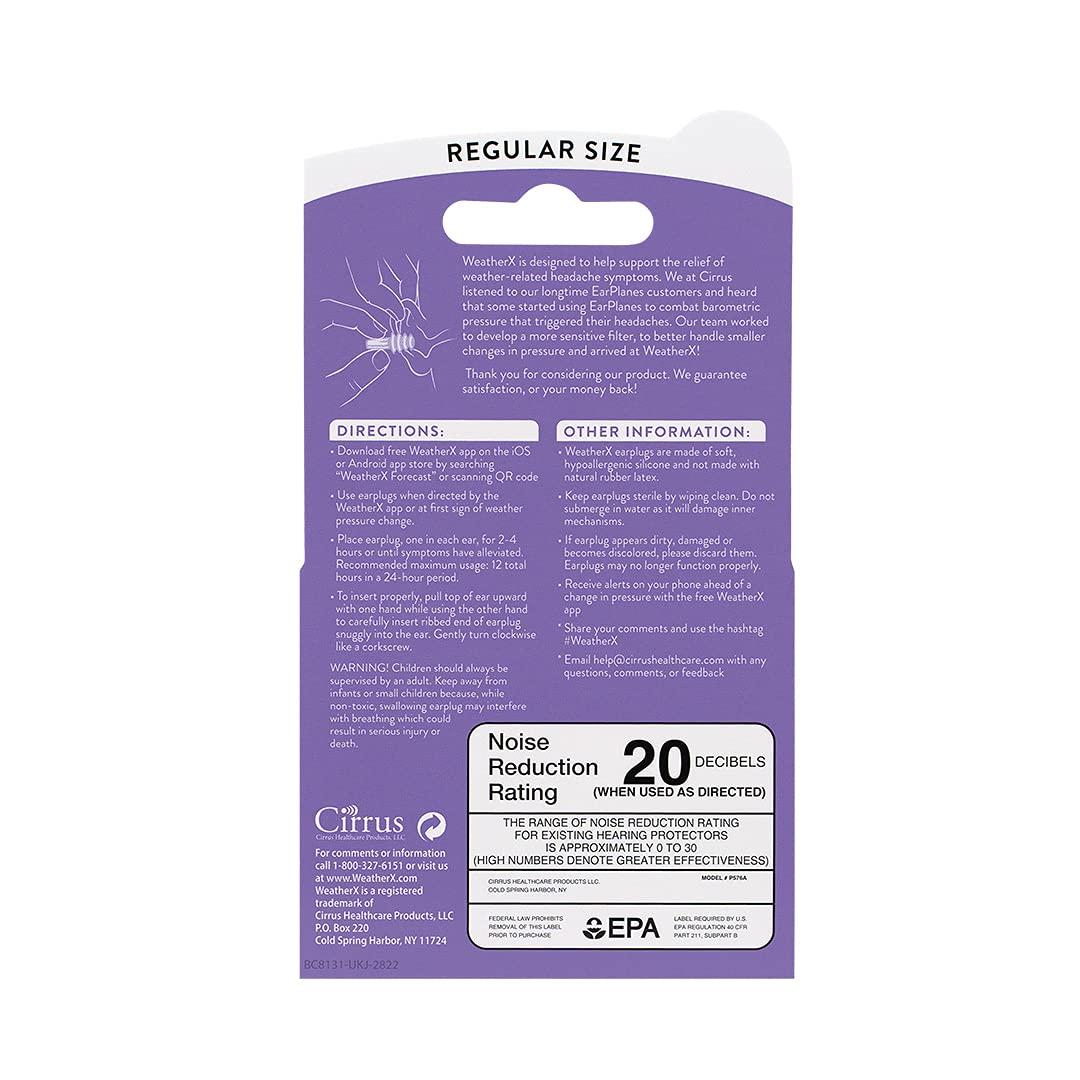 WeatherX WeatherX Headache Prevention Pressure Filtering Earplug for Shifts in Barometric Weather Pressure, Download Free Alert app (Regular 1 PK)