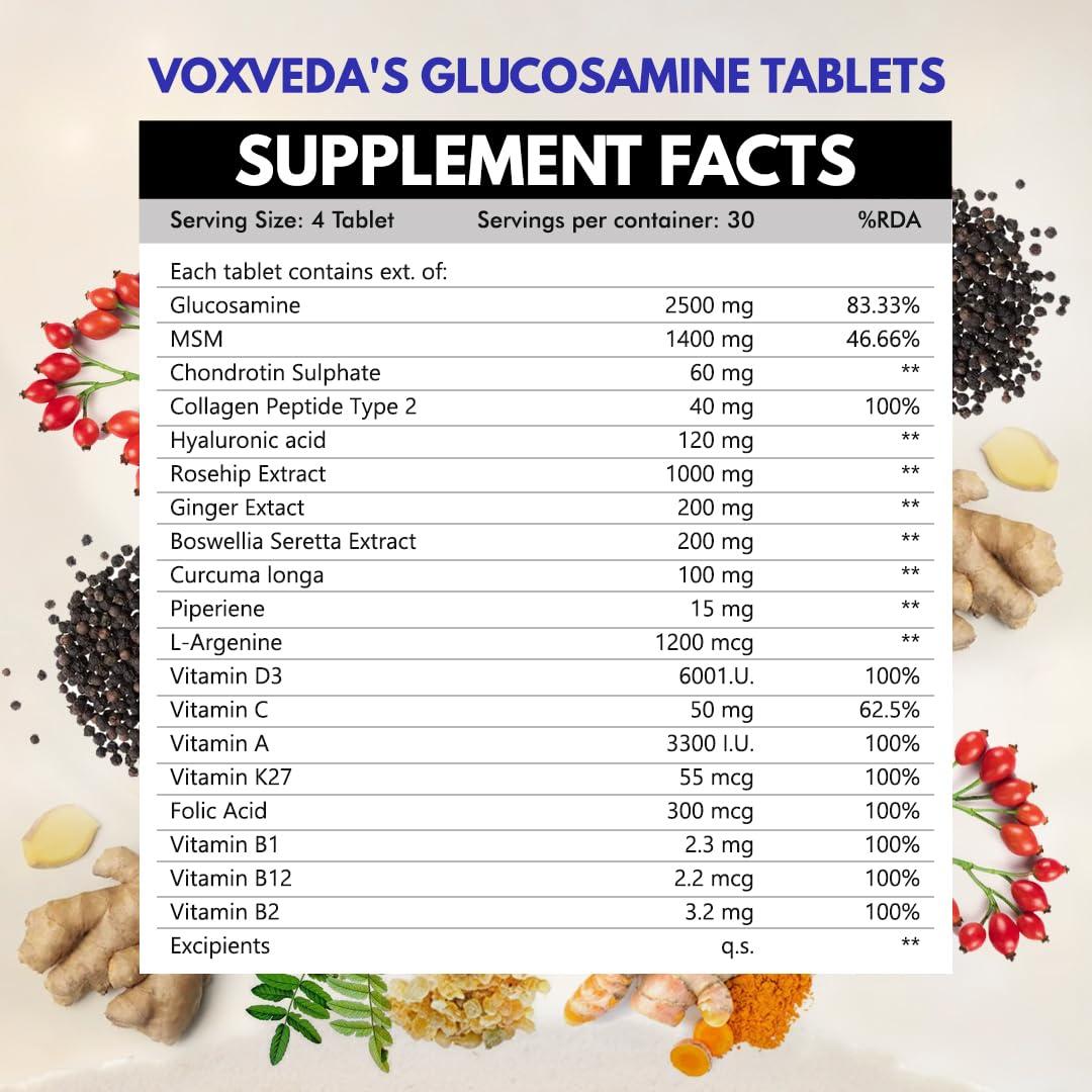Voxveda Voxveda's Glucosamine Tablets - 120 Veg Tablets | Glucosamine Tablets for Joint | Glucosamine Chondroitin MSM - Joint Support Supplement with Vitamins