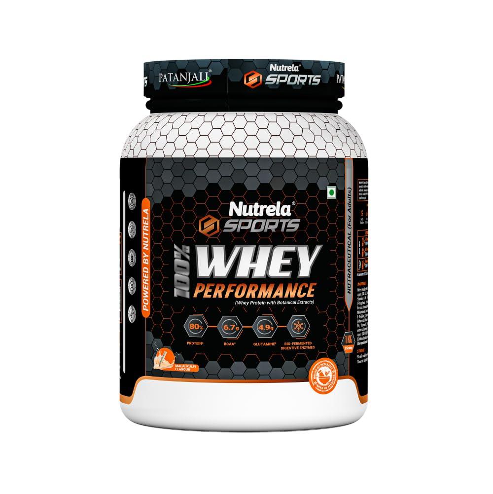 NUTRELA NUTRELA Sports Patanjali Premium 100% Whey Concentrate with Isolate Protein Powder | 80% Protein, 6.7g BCAA, 4.9g Glutamine |1kg  Malai Kulfi Flavour