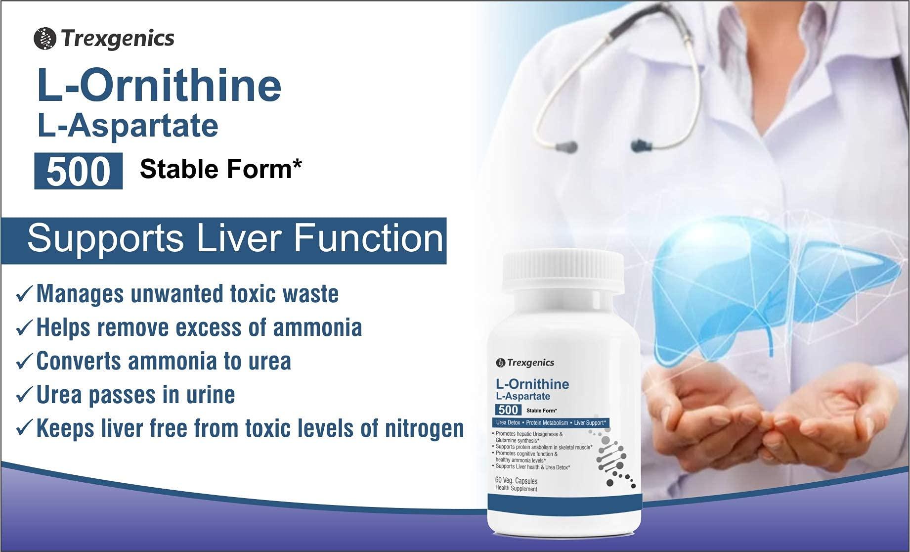 Trexgenics Trexgenics® L-ORNITHINE Stable form as L-Aspartate 500mg Urea Detox, Protein Metabolism, Liver Support (60 Vcaps) (1)