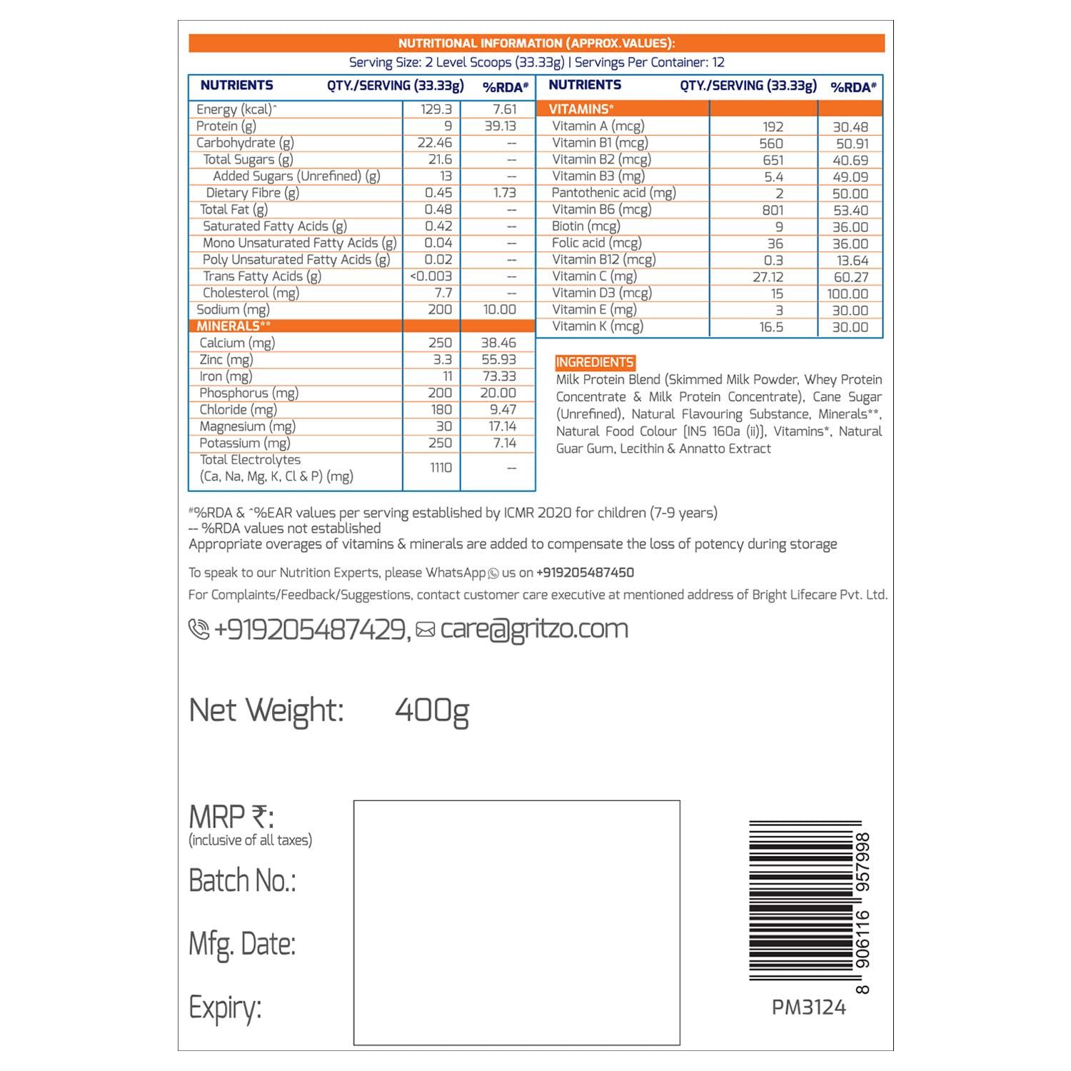 Gritzo Gritzo Supermilk Daily Nutrition Powder (8-12Y Young Athlete)-Mango Delight, 400G|9G Protein With Zero Refined Sugar