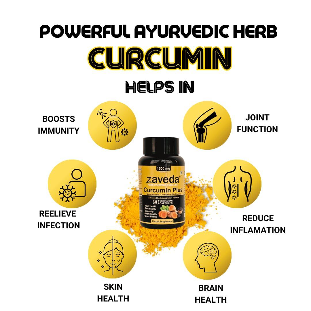 Zaveda ZAVEDA Curcumin Plus 1500mg | Pure Nano Curcumin with Biopiperine and Curcumin complex | 90 Veg.Caps | Joint Support | Immunity | Even Skin tone | Antioxidant & Anti-inflammatory | Fast absorption