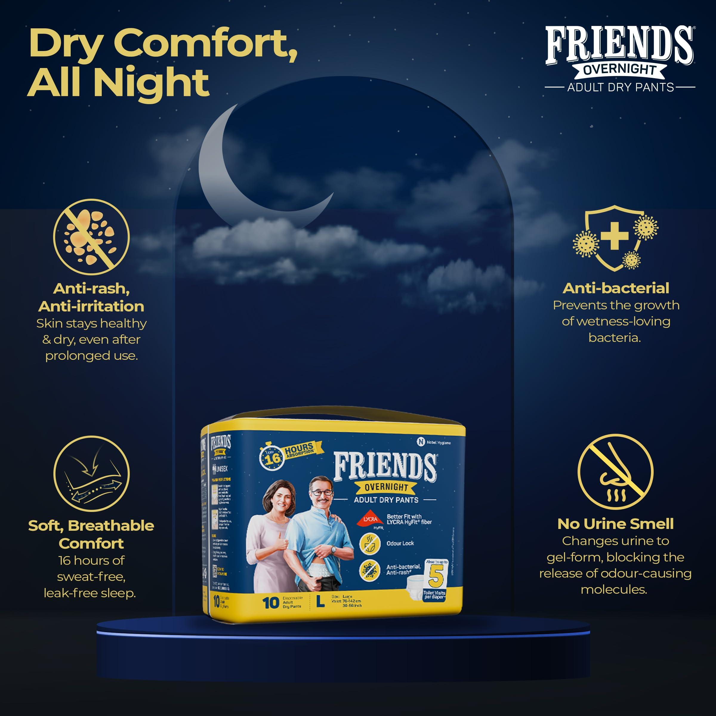 Friends Friends Overnight Adult Diapers Pants Style - 40 Count (Large) with odour lock, Unisex, Leakproof, Elastic Waist and Anti-Bacterial Absorbent Core - Waist Size 30-56 Inch; 76-142 cm