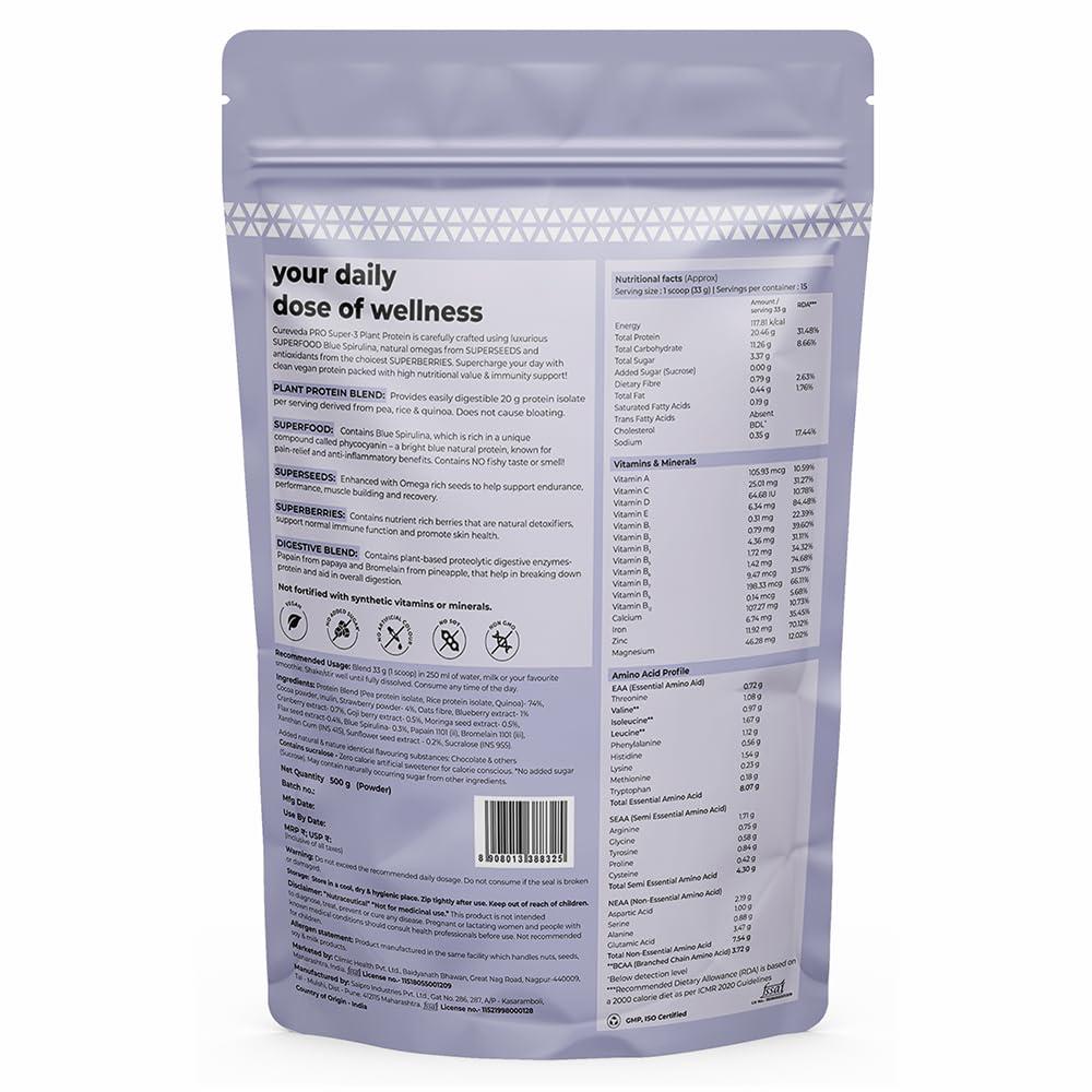 Cureveda Cureveda PRO Super-3 Vegan Plant Protein powder with Superfood, Superseeds & Superberries | Chocolate (500gm)