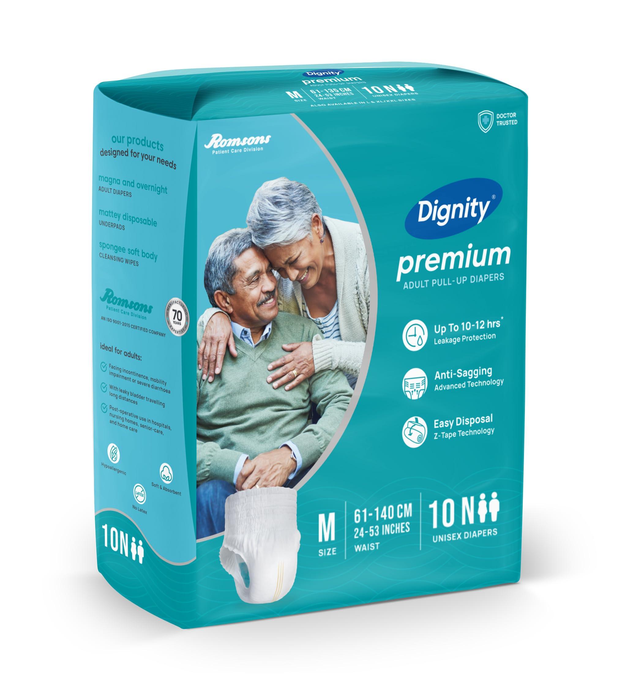 DIGNITY Dignity Premium Pull Up Adult Diapers Pant Style - 30 Count (Medium) with Soft Elastic and Extra Absorbent Core, Waist Size 24\" - 53\", 10 Pcs/Pack (Pack of 3)