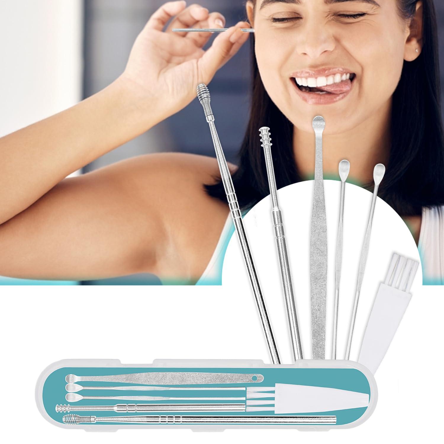 VIFITKIT VFK by Trendy Home Ear Cleaning Kit (Pack of 1), Reusable Ear Wax Cleaner Tool Set with Storage Box - Ear Wax Remover Tool Kit with Ear Curette Cleaner and Spring Earbuds Cleaner (6 Pcs, Stainless Steel)