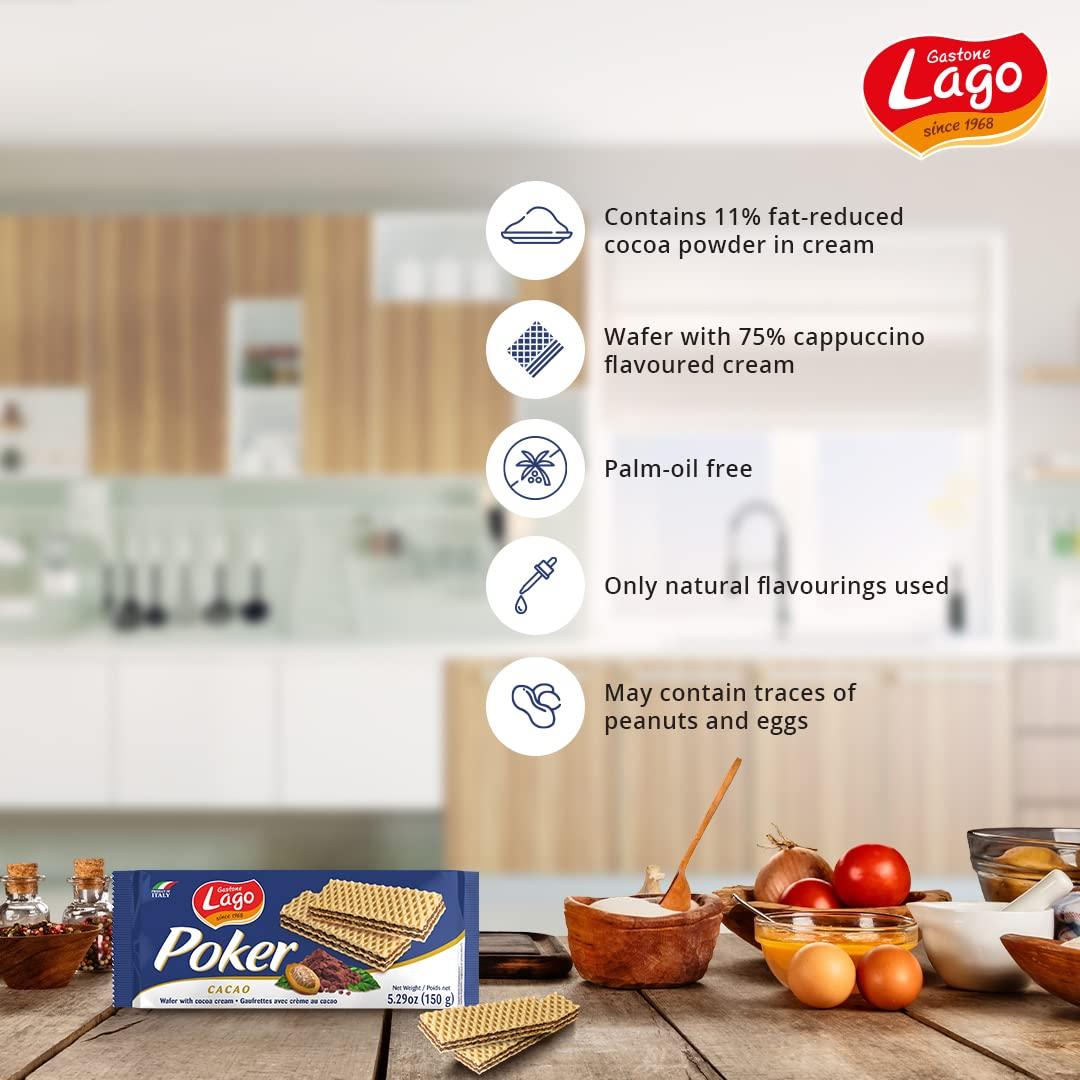 Gastone Lago Since 1968 Lago Poker Wafer Biscuits | Delicious Wafers with Cocoa Cream - 150g (Pack of 2)