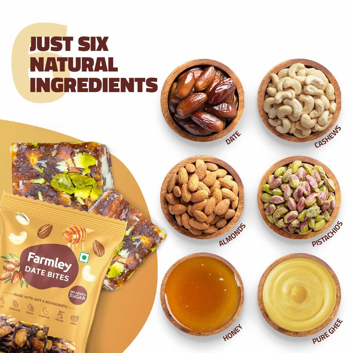 Farmley Farmley Date Bites I 360 gram I Dates Barfi Made with Dates, Pista, Cashews, Almonds, Honey and Pure Ghee I Dry Fruits Nuts, Healthy Delicious Indian Sweets, No Added Sugar, (180 g, Pack of 2)