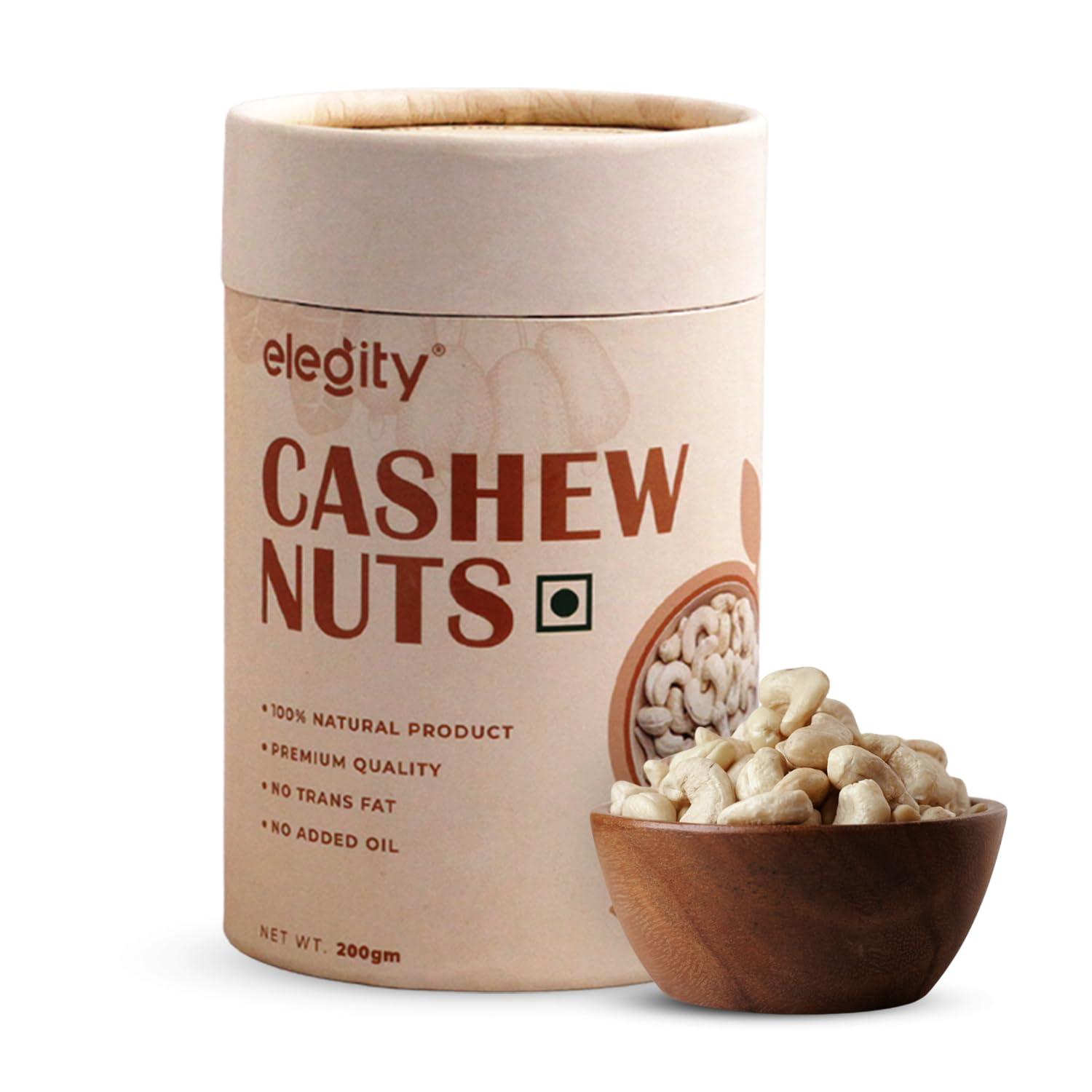 ELEGITY Elegity 100% Natural W210 Plain Cashew Papertube 200 gm | Whole Kaju - Nutritious, Delicious & Crunchy | No Added Preservatives in Dry Fruit | Source of Fibre, Rich in Protein
