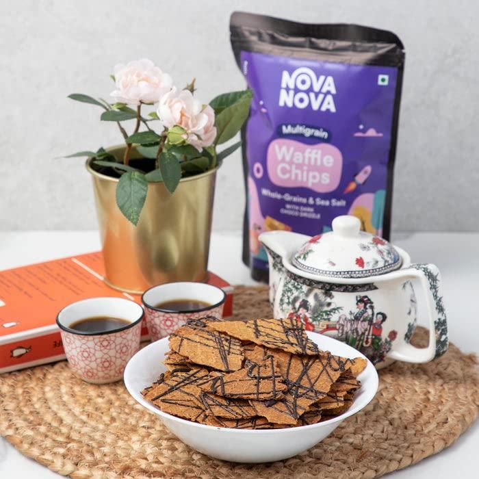 NOVANOVA Nova Nova - Waffle Chips - Multigrain, Sugar Free, Choco Drizzle Snacking Chips | 100% Eggless | No Refined Sugar or Maida | 140 grams