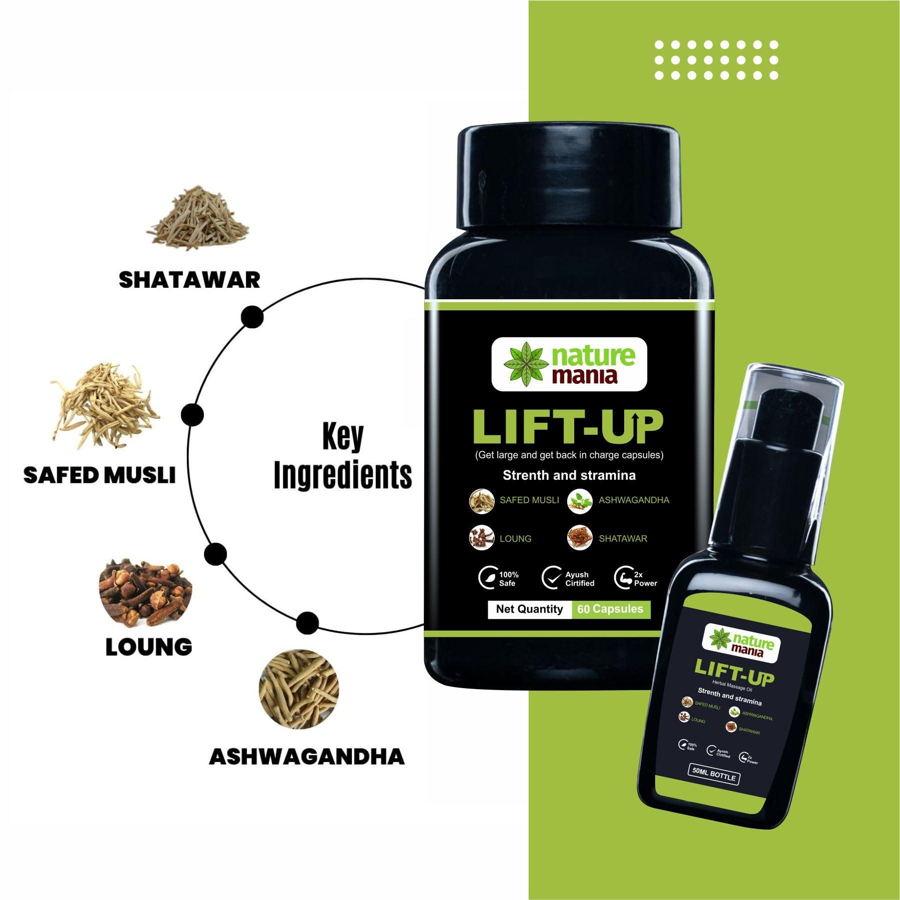 NATURE MANIA Nature Mania Lift-Up Natural Massage Oil 50 ml And Lift Up Capsule 60 Pies With Pure and Natural Ingredients, No side Effects