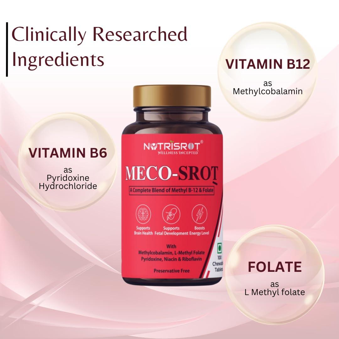 NUTRISROT NUTRISROT MECO-SROT Vitamin 12 Chewable Tablets with Vitamin B2, B3, B6 & folate to support Brain & Nerve Health| Glowing Skin| Energy & Mood Booster supplement for men & women (100 tabs in Spearmint Flavour)