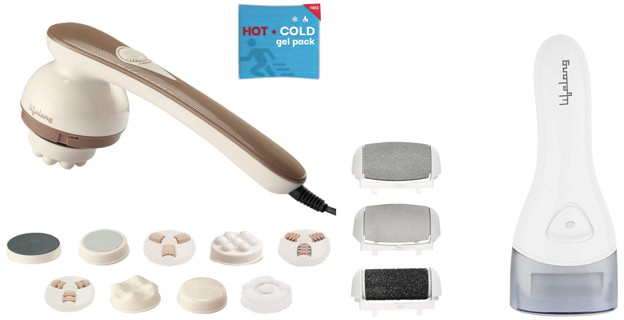 Lifelong Lifelong LLM180 Electric Handheld Full Body Massager with 8 Massage Heads (Brown) & Lifelong LLPCW04 Rechargeable Pedicure Device for Callus & Dead Skin Removal (White)