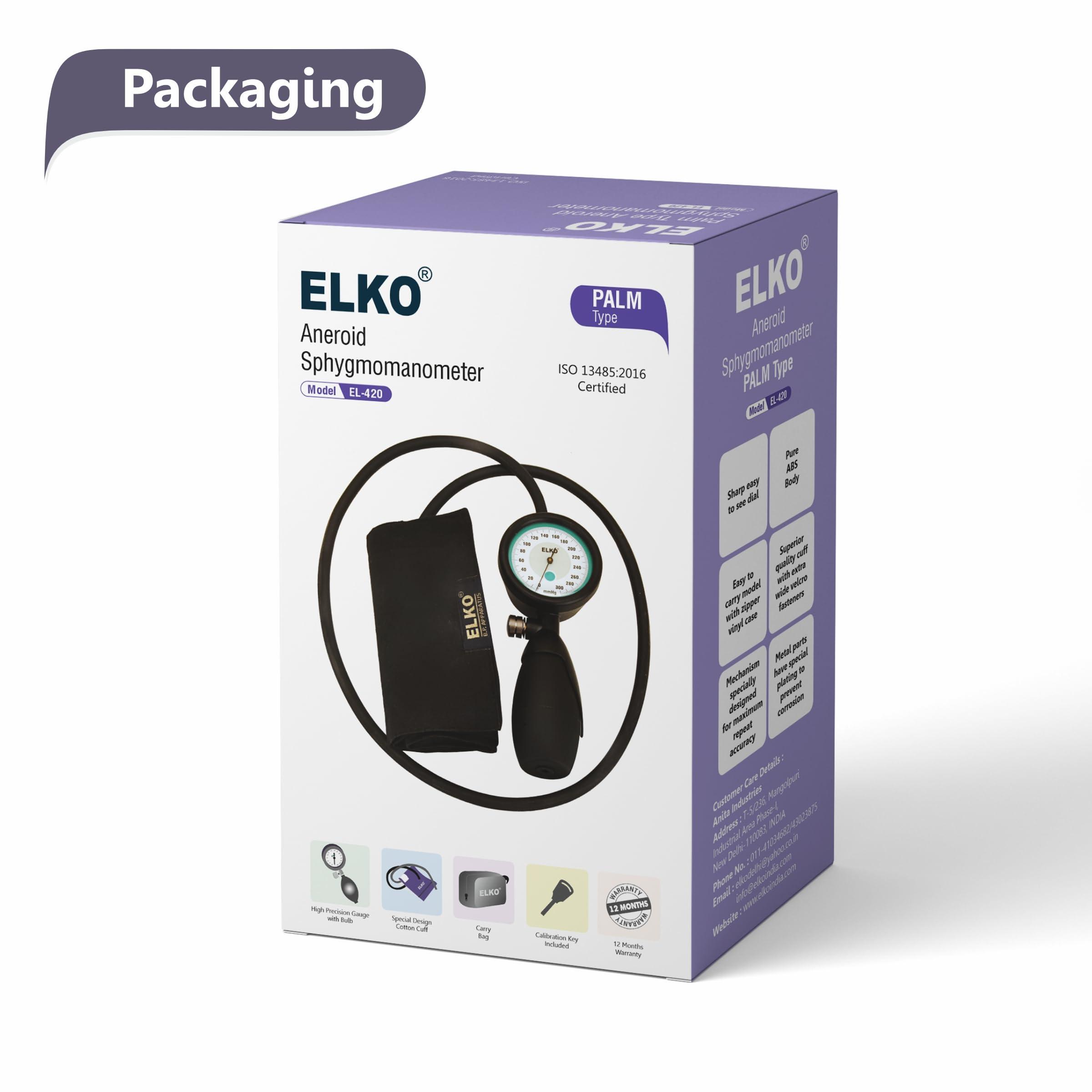ELKO ELKO EL-420 Palm Type Aneroid Blood Pressure Monitor Sphygmomanometer with Carry Case | Large Cotton Cuff (Black)