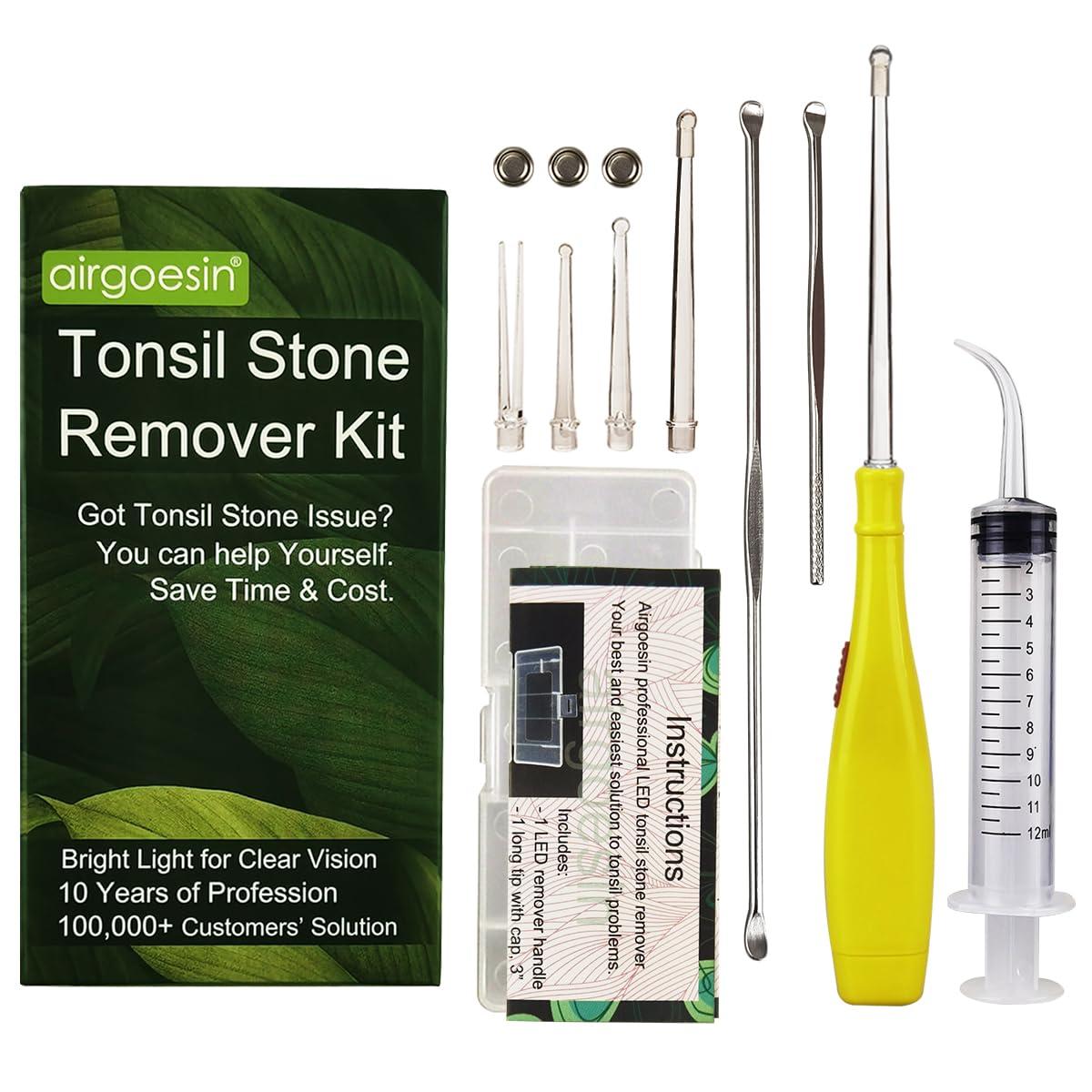 airgoesin Airgoesin Lighted Tonsil Stone Remover Tools or Earwax Removal Tools, Yellow, 3 Tips, Tonsillolith Pick Case + 1 Irrigator Cleaner : Yellow